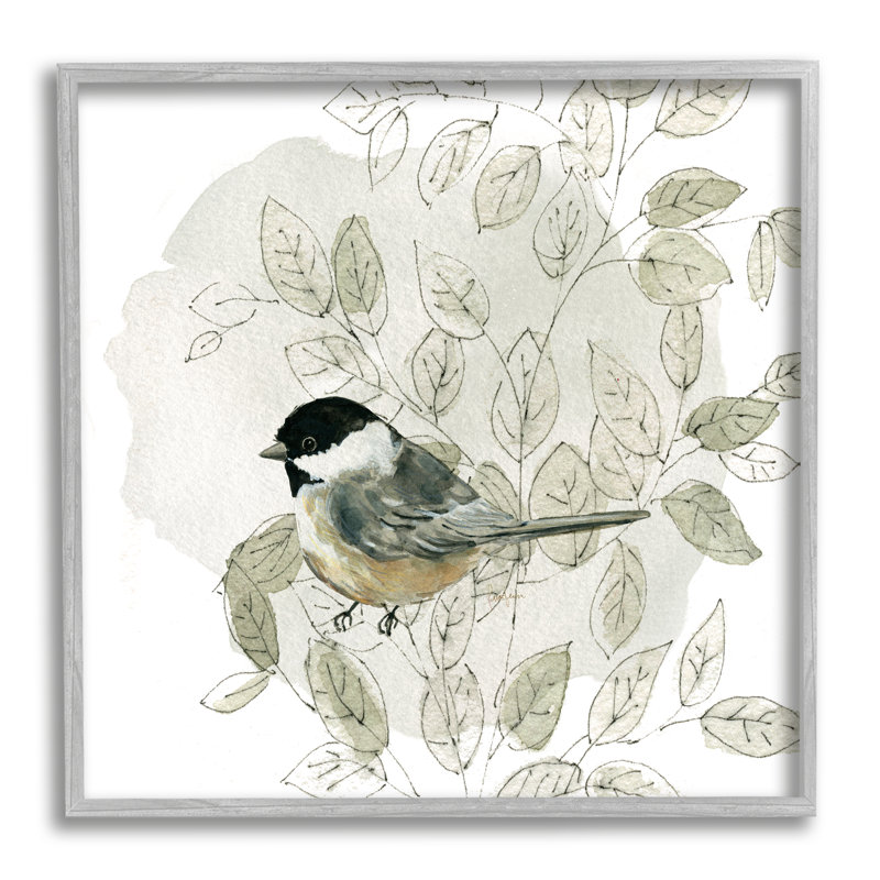 Oiseau perché, plante de chalet douce encadrée sur bois par Livi Finn, peinture, H 12 po x l 12 po x P 1,5 po