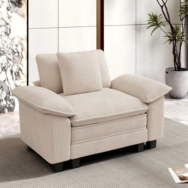 53.5" Comfy Cloud Couch Deep Seat Sofa Chair With Throw Pillow, Ivory Corduroy