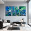Cités et pays abstraits, tour de ville, reflets, bleu, vert, ensemble de 3 impressions sur toile-778586838