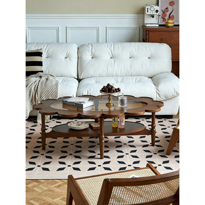 French Vintage Flower-Shaped Coffee Table, Wood Frame with Glass Top & Lower Shelf