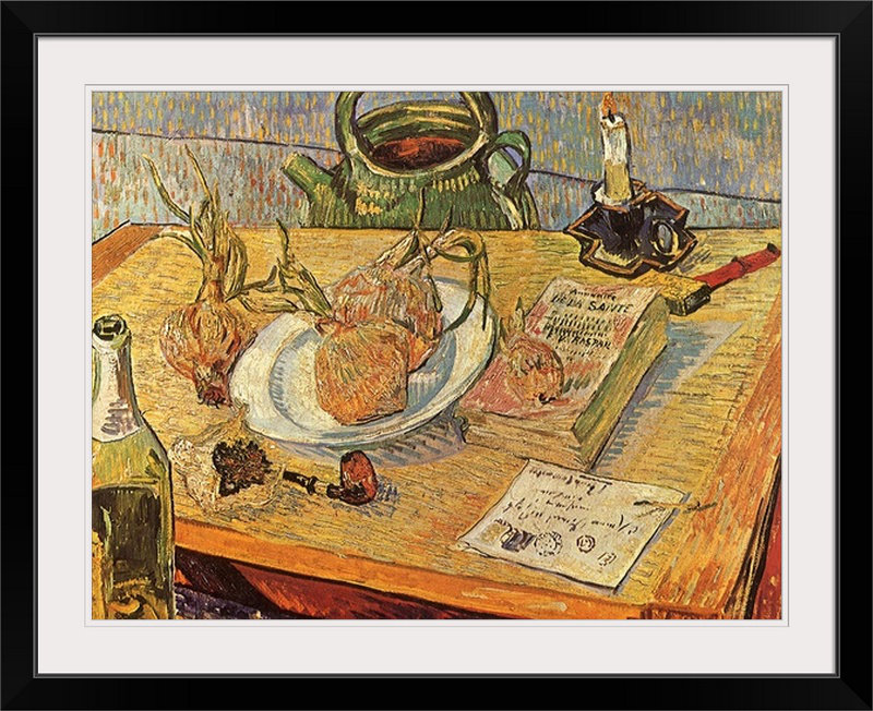 «Still Life with Onions and Dessin Table» par Vincent Van Gogh, reproduction d'art, H 31 po x l 38 po x P 1 po, Cadre noir