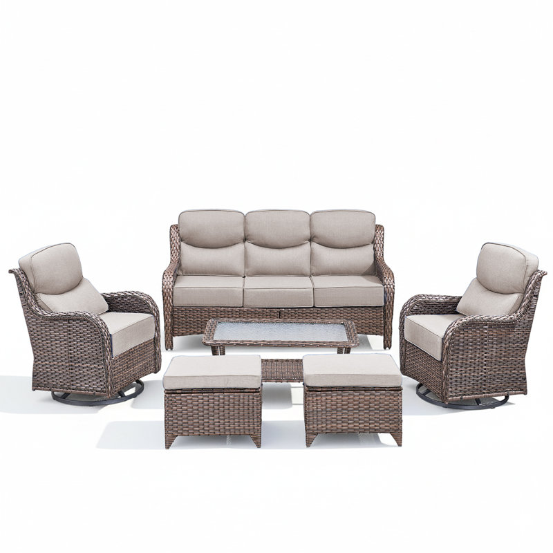 6-Piece Outdoor Wicker Patio Conversation Set With Swivel Chairs And Coffee Table, Brown, Beige