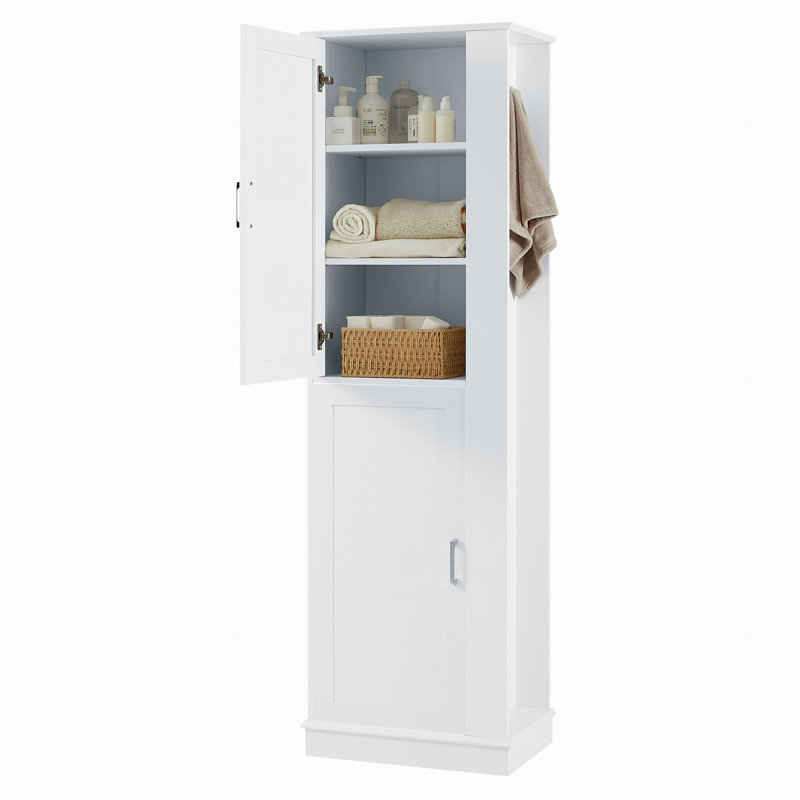 Grande armoire de rangement pour salle de bain, armoire de rangement autoportante avec crochet et tablette réglable, Blanc