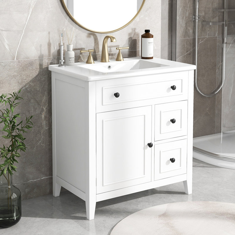 Meuble-lavabo 30 po avec comptoir d'évier, meuble-lavabo avec porte et deux tiroirs Lalitta, structure en bois massif, Blanc
