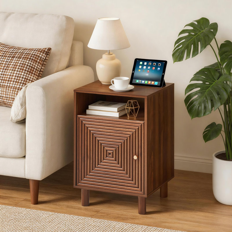 Table de chevet Chanson avec station de charge et pieds en bois massif, Brun
