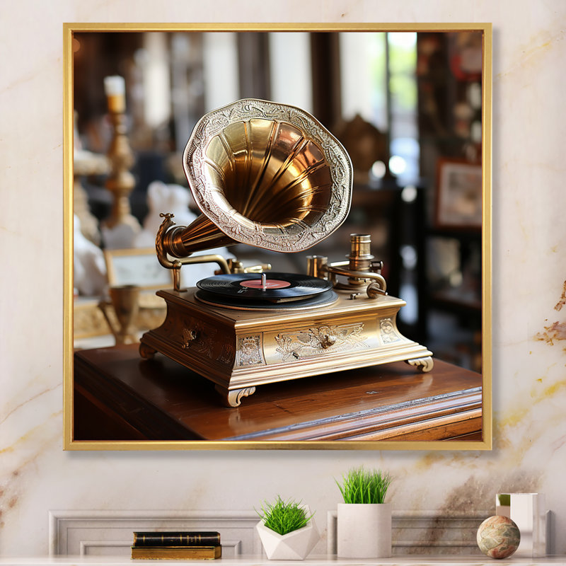 Rétro Phonograph Serenade - Phonographs, art mural, Cadre flottant doré, H 36 po x l 36 po x P 1,5 po