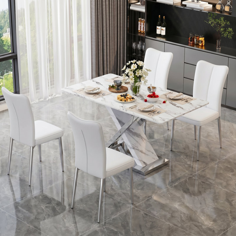Ensemble de salle à manger rectangulaire moderne en simili marbre 63 "avec chaises en similicuir, Blanc, 5