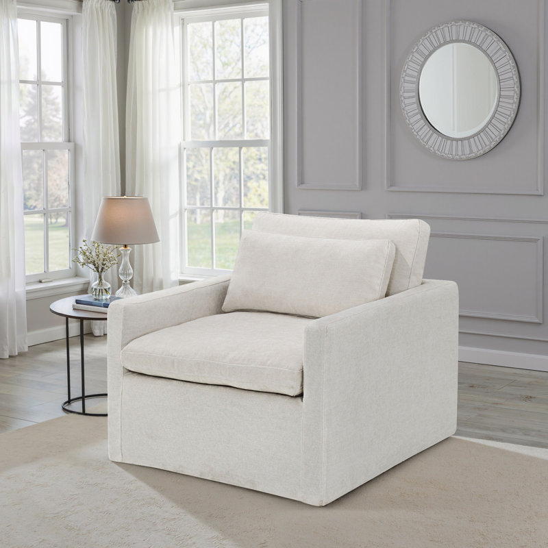 Fauteuil d'appoint pivotant avec 1 coussin décoratif Pradyoth, Ivoire ivoire