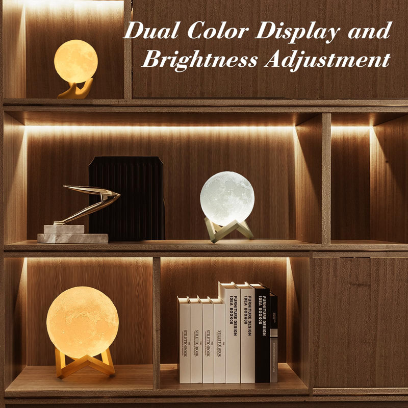 3D Printed Moon Lamp with Ceramic Hand Base, Dual-Color LED