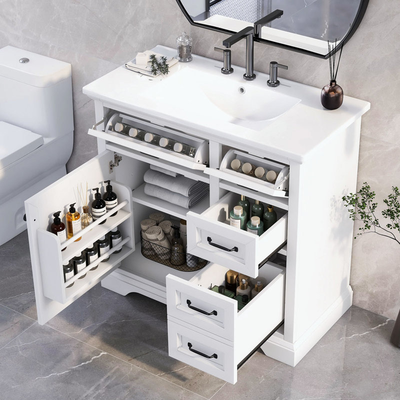Bathroom Vanity with Sink, Functional Drawer, Door Shelf, White