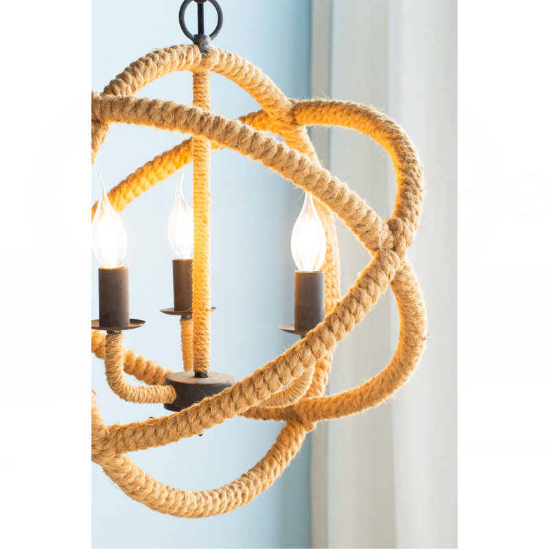 3- Light Farmhouse Chandelier, Rope Chandelier Globe Hanging Light Fixture with with Adjustable Chain for Kitchen Dining Room Foyer Entryway, Bulb Not Included