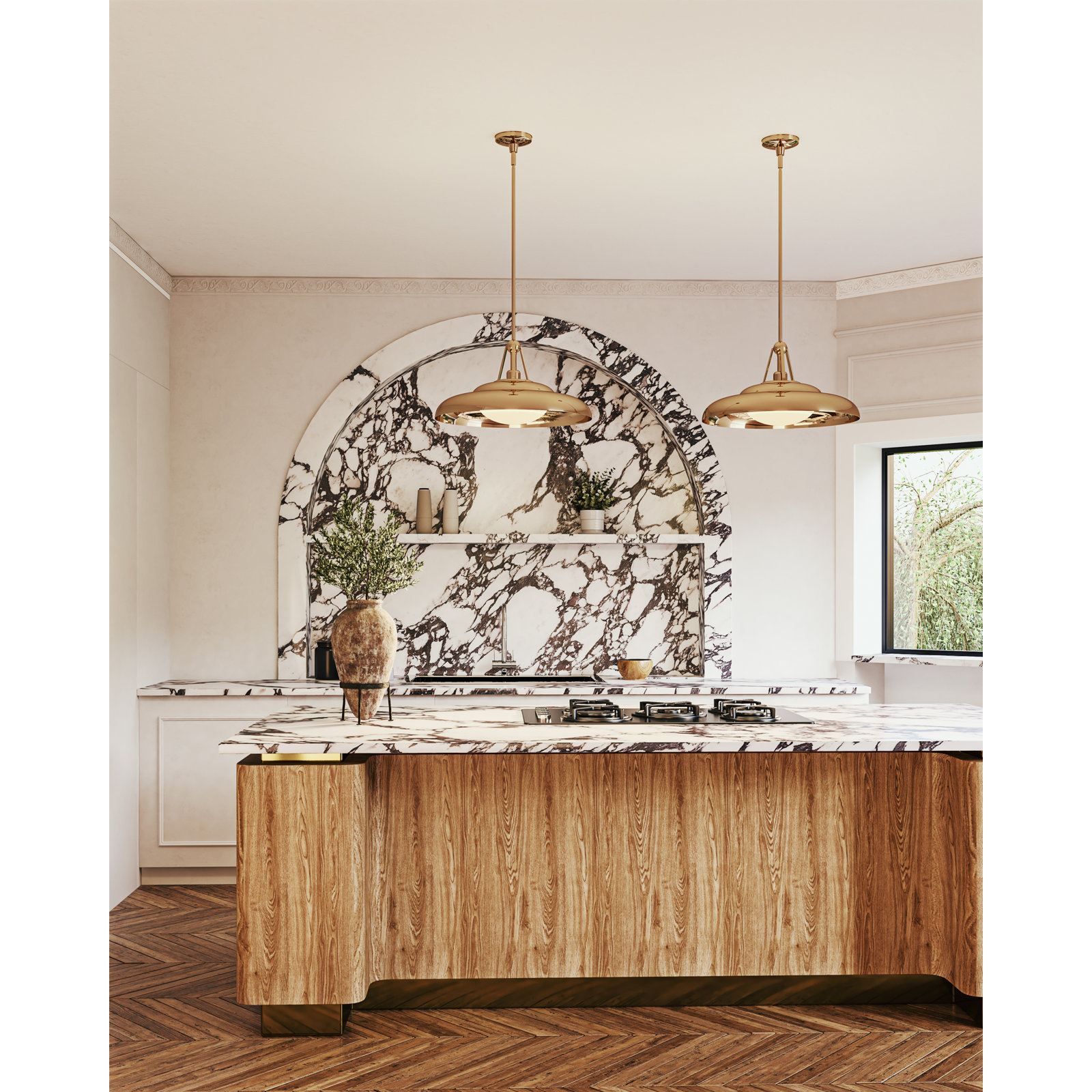 Palmetto Single Light Steel Pendant, Polished Brass, 11.75" H x 20" W x 20" D