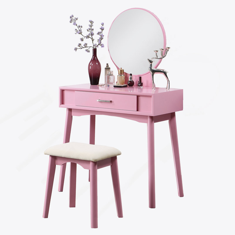 Ensemble coiffeuse et tabouret contemporain en bois, rose, Rose