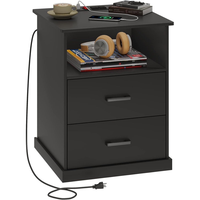 Nightstand with 2 Storage Drawers and Open Cubby,Bedside Table with Charging Station,Wider Tabletop 19.0'' X 15.0'',End Side Table for Home Office,Bedroom,Living Room,Dormitories,Black