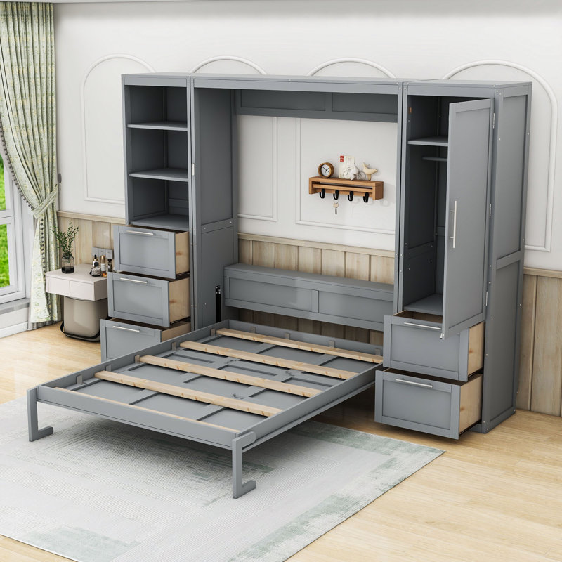 Grand lit escamotable avec rangement intégré et configuration personnalisable, Gris