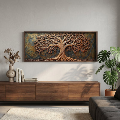 Tree of Life Bronze Sculptural Wood Grain Framed Wall Art