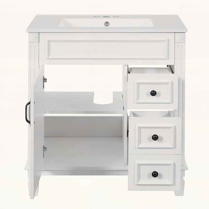 Meuble-lavabo avec lavabo en céramique, 2 tiroirs et tablette réglable, Blanc