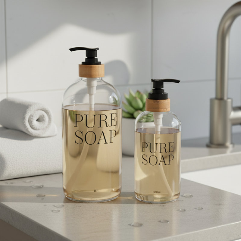 Glass and Bamboo Soap Dispenser PURE SOAP 17 FL OZ