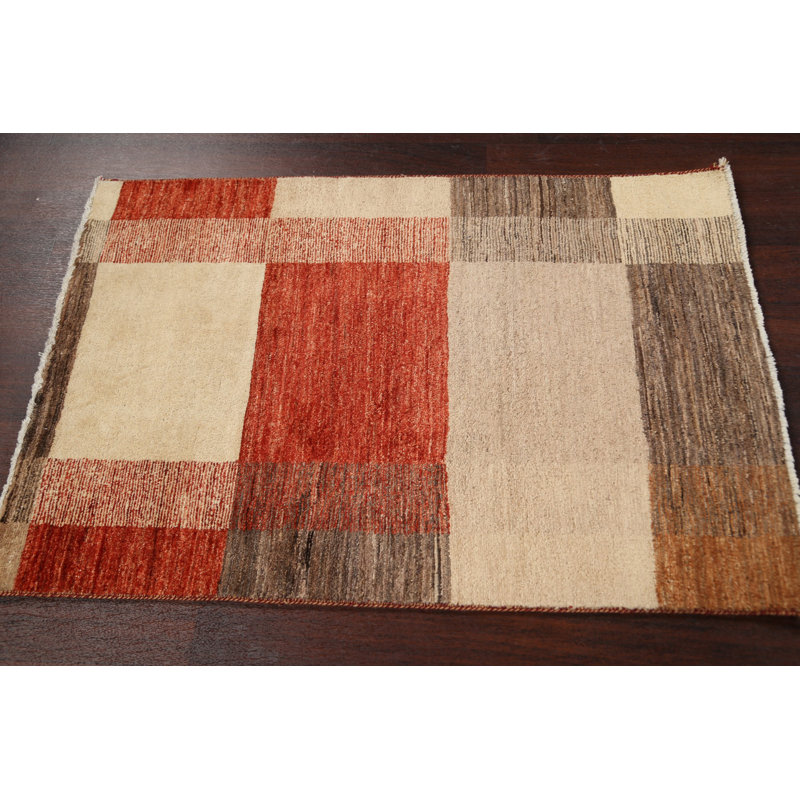 Tapis beige / rouille en laine noué à la main de conception unique 2 pi 7 po x 3 pi 8 po New Age