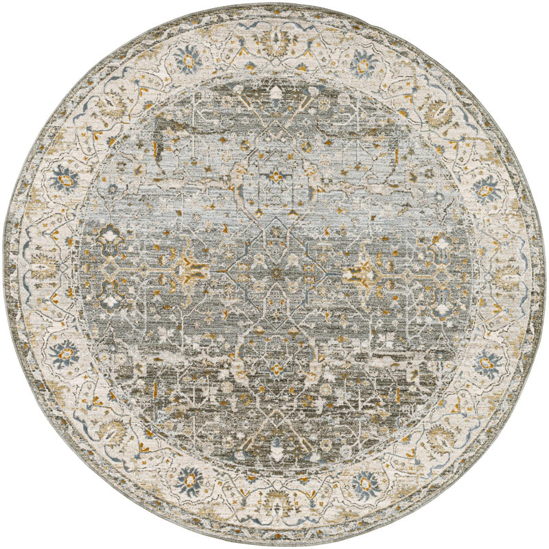 Tapis oriental oriental en polyester tissé à la machine en olive / or / beige / gris, Rond 5 pi 3 po