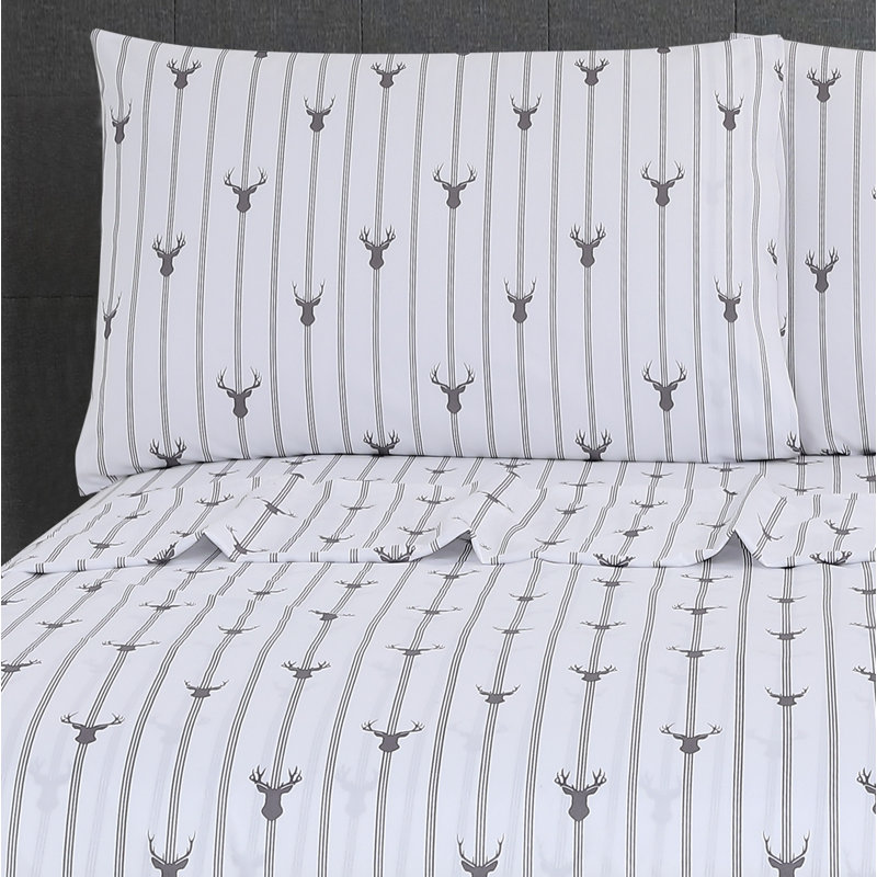 Ensemble de draps en microfibre 4 pièces, Rayé gris / blanc, Ensemble de draps pour lit double avec 2 taies d'o