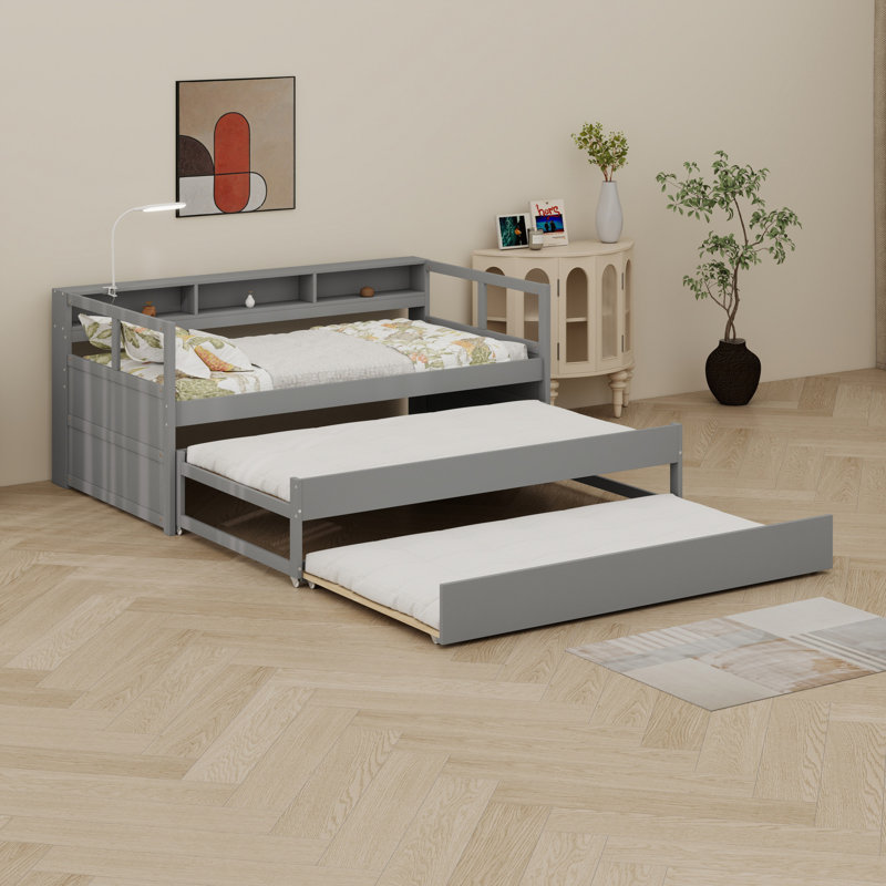Wood Daybed With 2 Trundles, Storage Shelves, 1 Light For Free And USB Charging Design, Gray