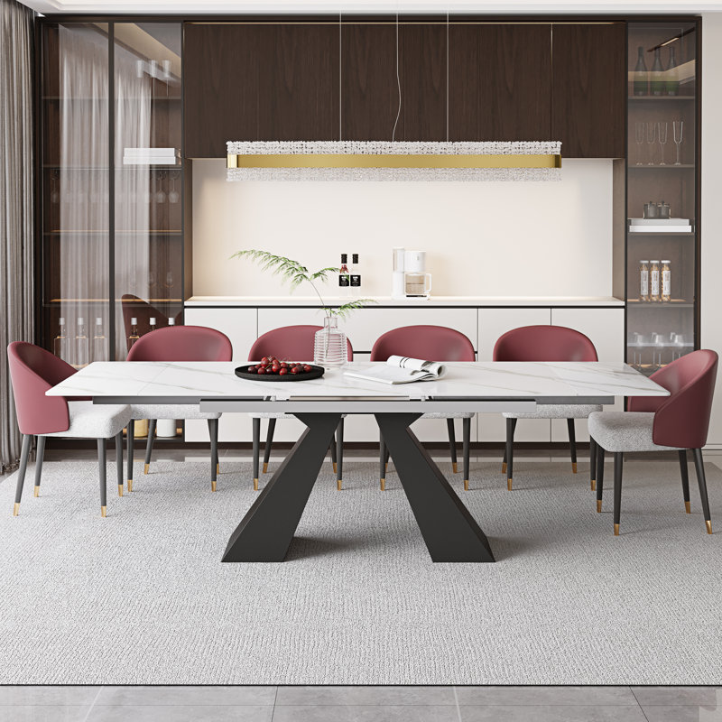 94.5”  Extendable Dining Table Set With Rectangular Sintered Stone Top And 6 Faux Leather Chairs, Red/Gray