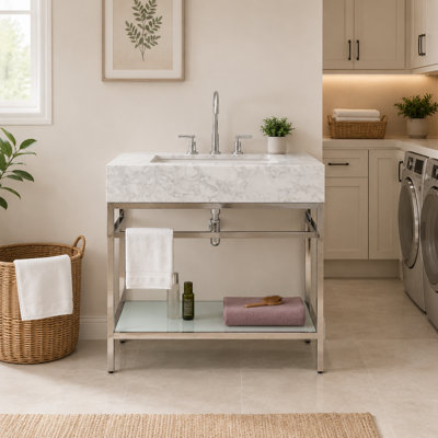 Meuble-lavabo simple 30 po avec comptoir en marbre de Carrare, lavabo en céramique, structure en métal et tablette en verre