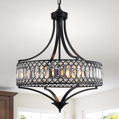 5-Light 20-Inch Modern Black Drum Crystal Chandelier,  Adjustable Height Pendant Light For Kitchen Island Dining Room Entryway