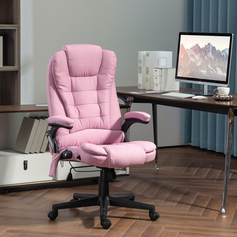 Fauteuil de bureau à 6 points de massage vibrant avec chaleur, fauteuil de bureau à dossier haut en lin avec dossier inclinable, accoudoirs rembourrés et télécommande