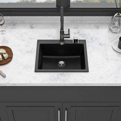 25"X22" Quartz Composite Sink In Black, Easy To Maintain And Clean 25X22" Black Sink, Advanced Material For Quiet Kitchen