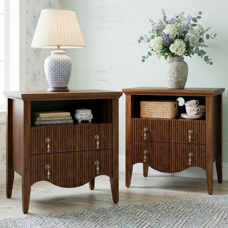 Avenall Nightstand With Charging Station, Vintage Bedside Table With 2 Fluted Drawers And Open Shelf, Rustic End Table With Power Outlet And Usb Ports For Bedroom, Walnut