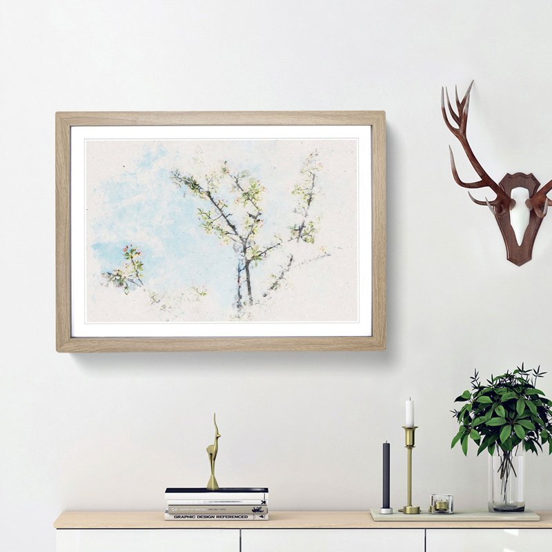 A White Cherry Blossom Tree Watercolour - Single Picture Frame Print on MDF, 40cm H x 60cm W x 2cm D, Oak Framed