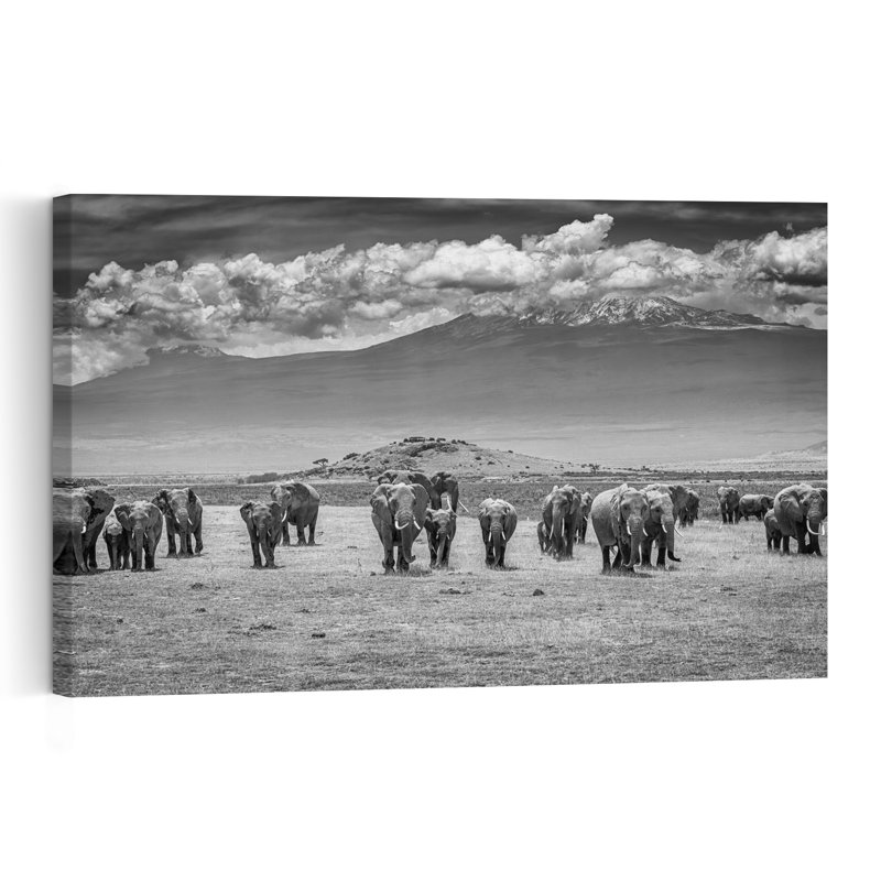 Kilimanjaro Elephant Herd Dramatic Abstract Contemporary Elephant Landscape Mountain Wall Art Print by Jeffrey C. Sink - 1 Piece Wrapped Canvas Wall Art