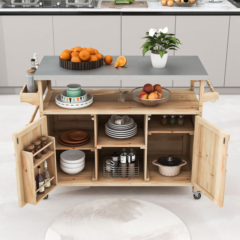 Cheyene Rolling Kitchen Island with Stainless Steel Top and Lockable Wheels, Natural