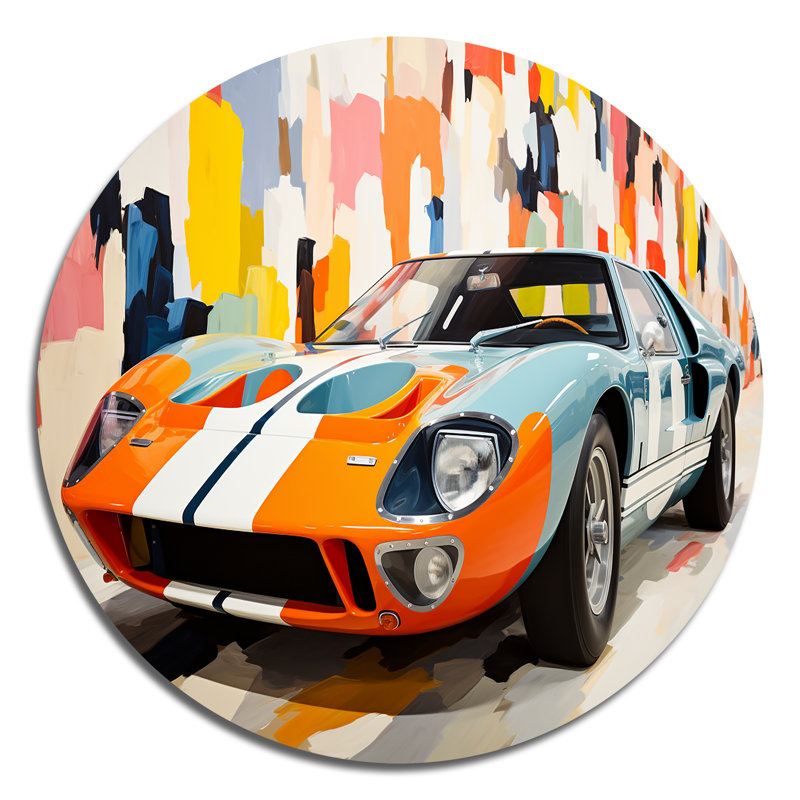 Voiture de course orange vintage American GT - architecture ronde en métal, H 36 po x l 36 po