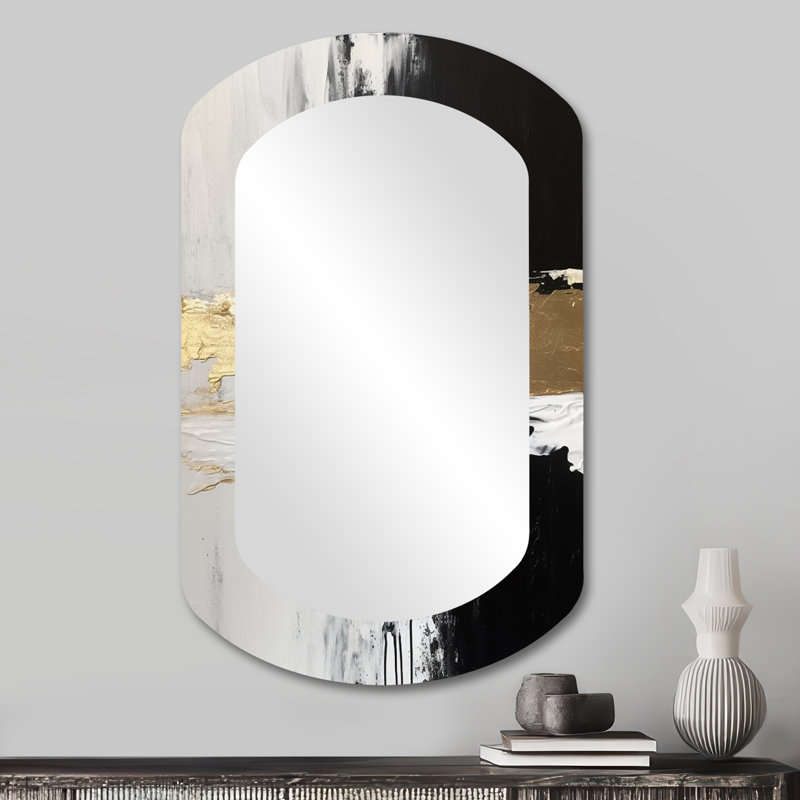 Wilks horizontal dimensions Wilks abstrait doré - peinture abstraite grand miroir mural asymétrique, cylindre unique moderne, reproduction d'art en métal