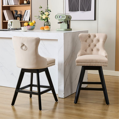 Swivel With Comfortable Cushioning, Velvet Upholstery - Beige, Of 2 For Dining Button Legs, Soft Foam Inner