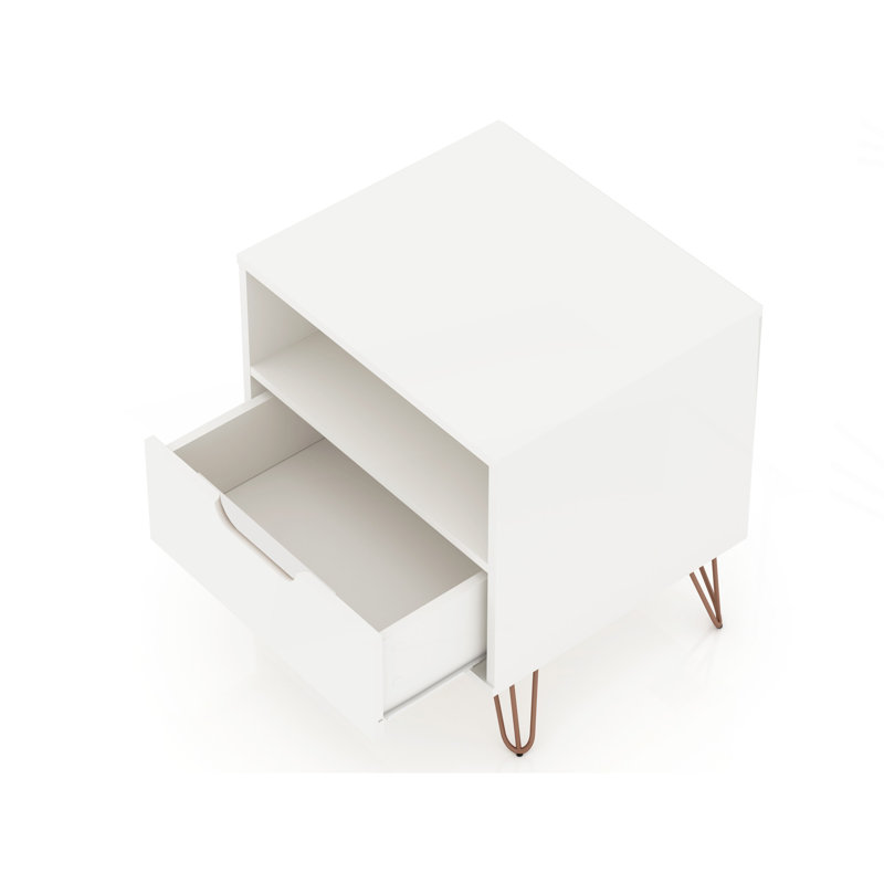Rockefeller 20" Nightstand In White (1-Drawer), White/Bronze