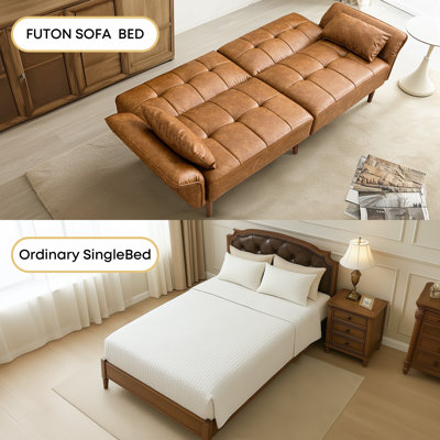 Latitude Run® Faux Leather Upholstered Futon Sofa Bed with Armrests and Backrest Adjustable