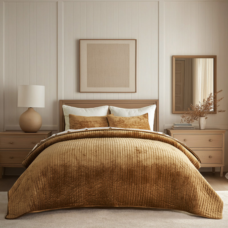Luxe Velvet Channel Quilt Set, Queen, Gold Yellow