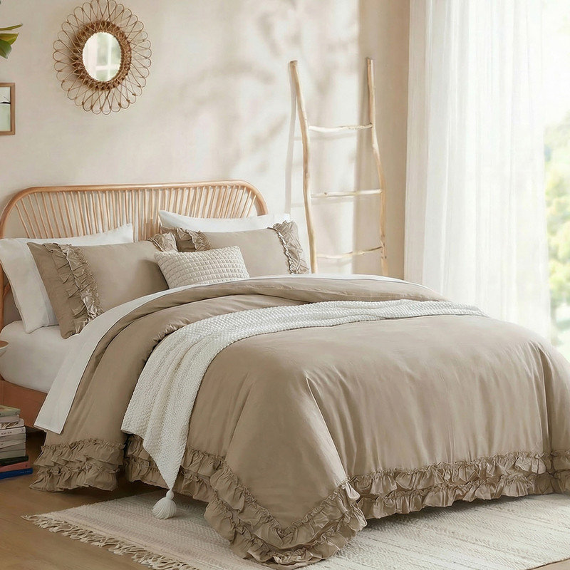 Ensemble d'édredon à volants 100% coton Taupe, Édredon grand et 2 taies d'oreiller, Taupe