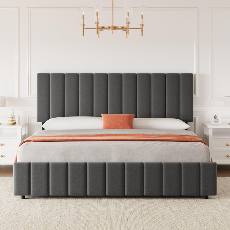 Cadre de lit avec 4 tiroirs de rangement et tête de lit réglable, cadre de lit plateforme tapissier, gris, Double