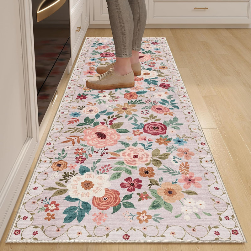 Floral Washable Kitchen Rug, Runner 2' x 6', Beige