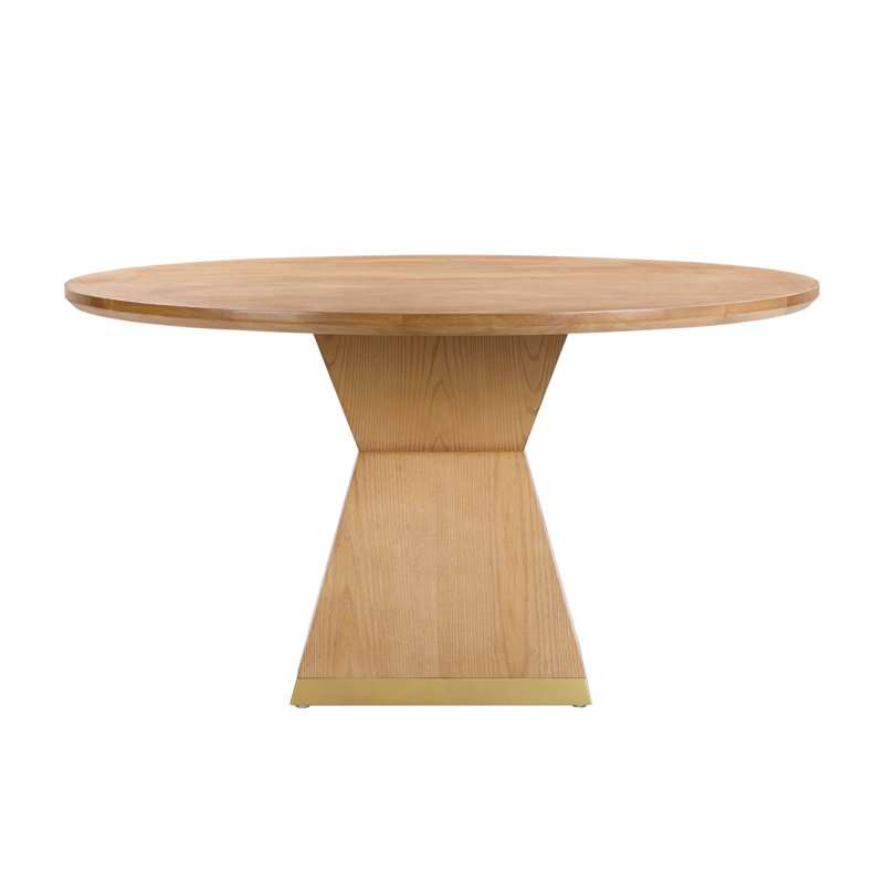 Natural Wood Round Dining Table with Geometric Base