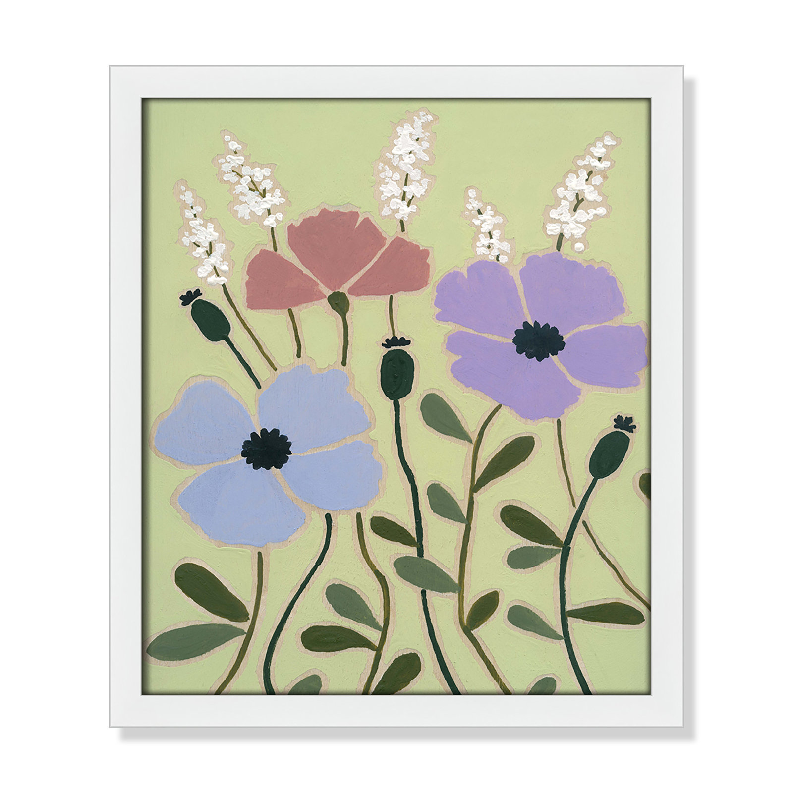 Maura "Woodblock Floral III" Print, 15" H x 13" W x 1.25" D, Satin White Framed