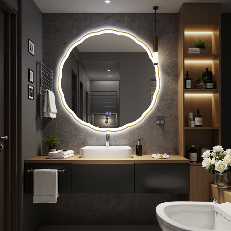 Round Wavy Metal Frame;Round Lighted;Bathroom/Vanity Mirror;Backlit + Front Lit,Dimmable Anti Fog Wall Mounted Mirror, Gold