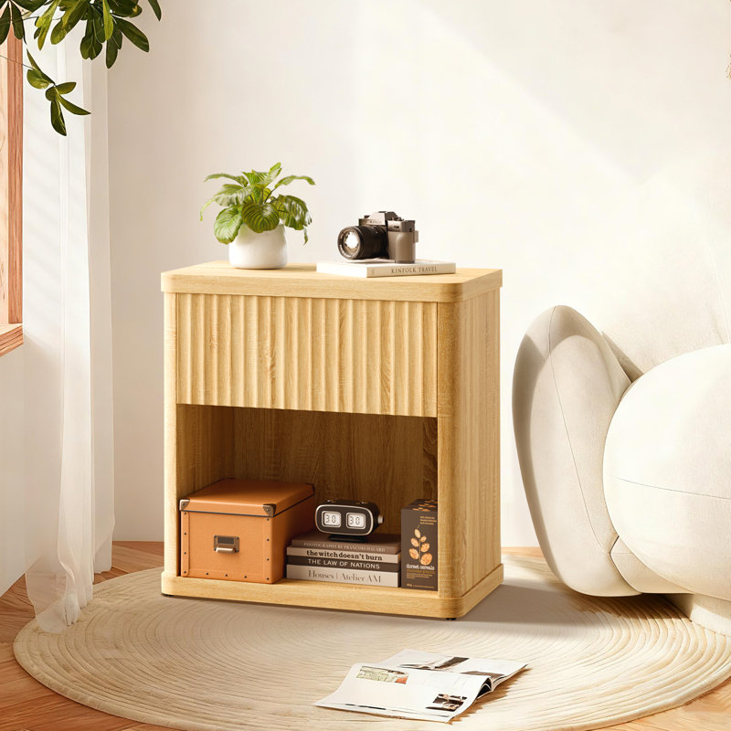 Wooden Ribbed Nightstand | 24.02in Bedroom End Table | Drawer & Open Shelf Storage | Waterproof Surface | Light Oak Bedside Organizer (100LBS Capacity)