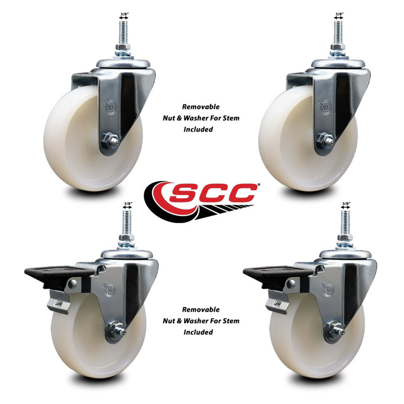 4 Inch_Nylon 3/8 Inch Threaded Stem Caster Set 2 Brakes SCC
