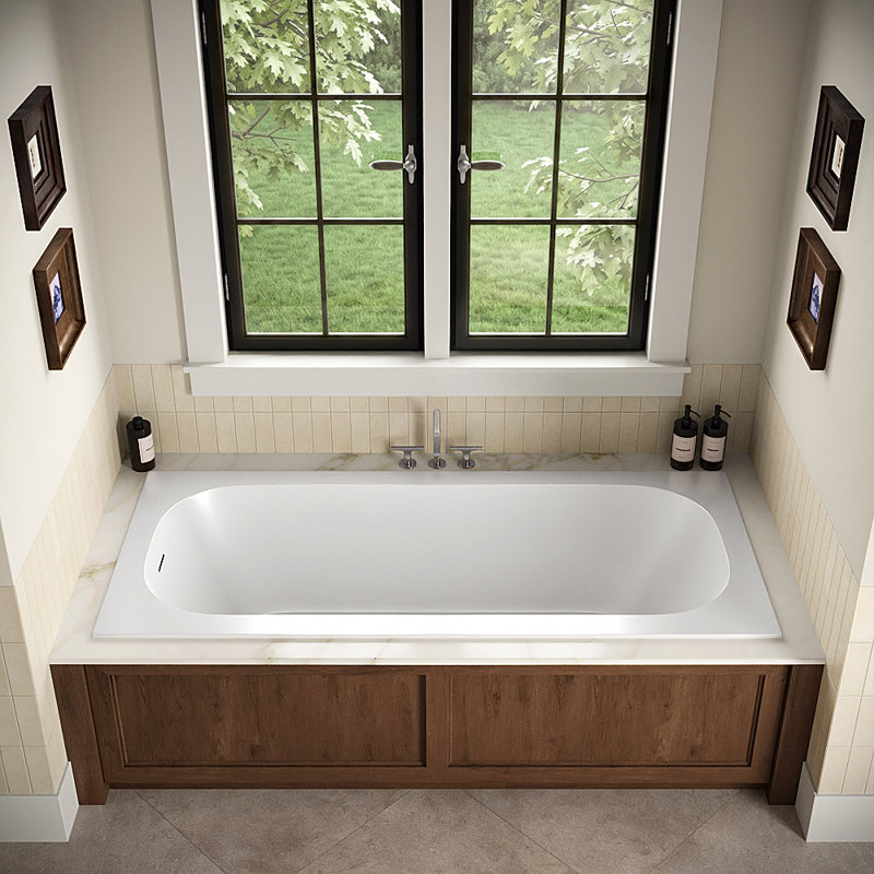 Baignoire encastrée Streamline NS7420CH 71 po en résine de pierre blanche mate avec receveur et bonde intégrée en chrome poli